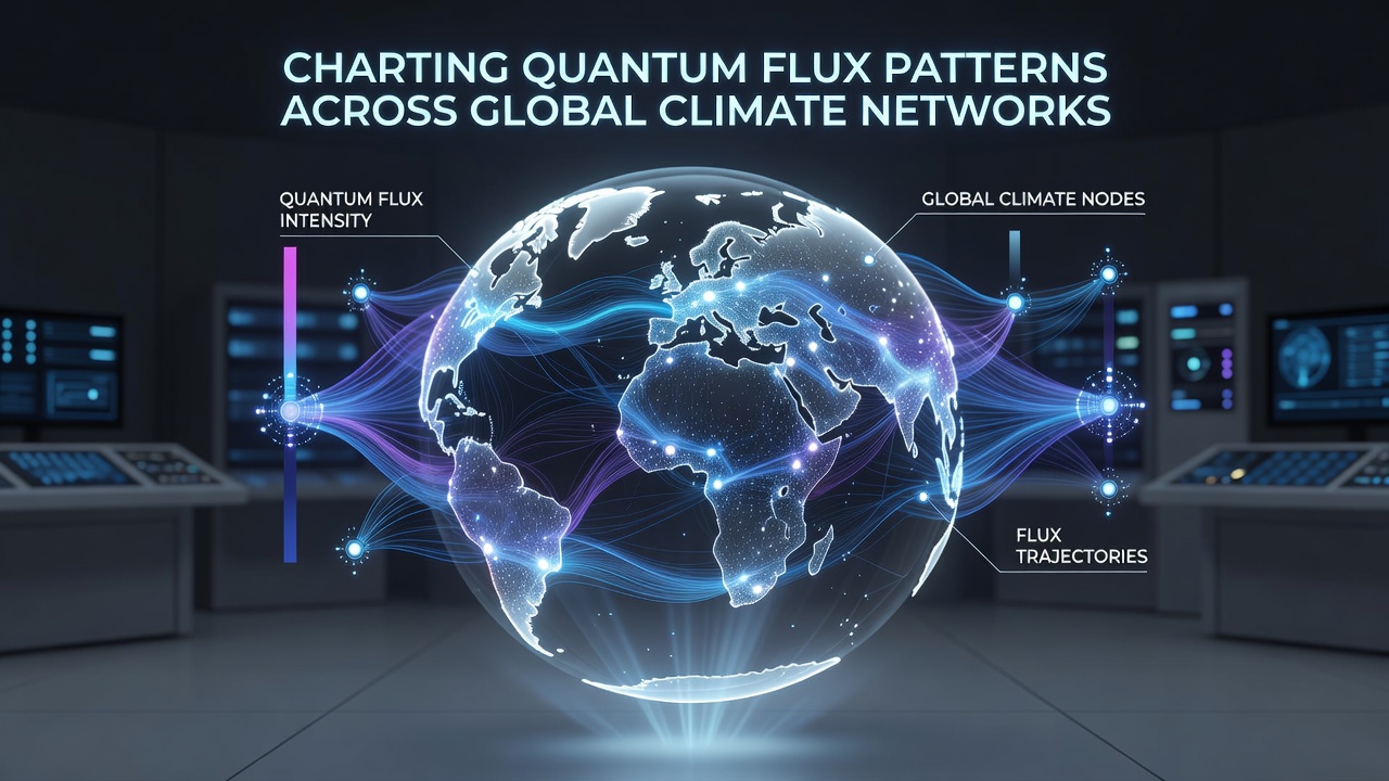 Researchers reviewing quantum flux charts on multiple screens inside a climate data analysis center