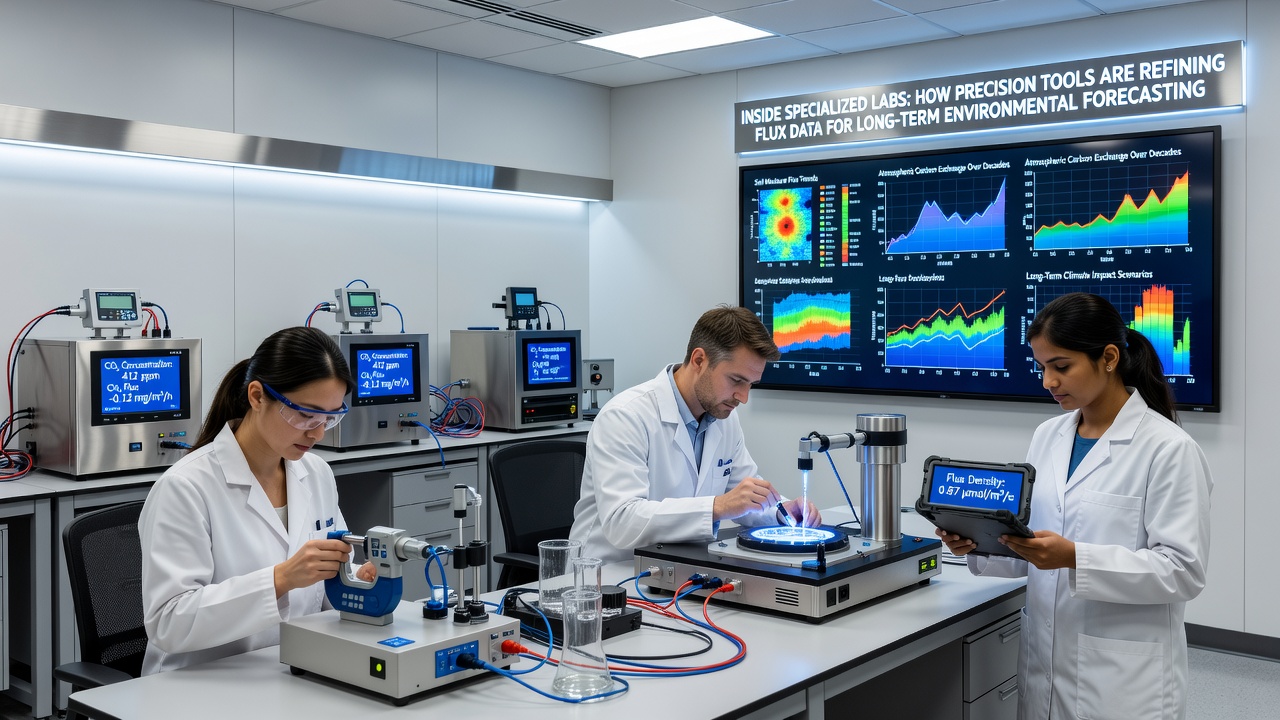 Close-up of precision flux sensors and calibration equipment used to refine environmental data streams